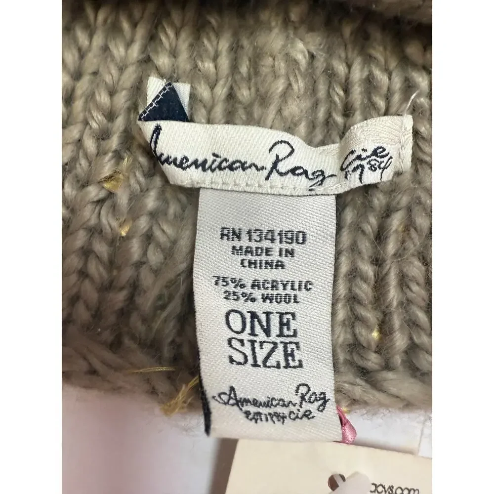 American Rag Bear Hat Gold Sequin Knit Beanie Winter Warm Ear Flap One Size